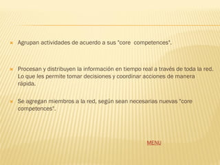    Agrupan actividades de acuerdo a sus "core competences".



   Procesan y distribuyen la información en tiempo real a través de toda la red.
    Lo que les permite tomar decisiones y coordinar acciones de manera
    rápida.

   Se agregan miembros a la red, según sean necesarias nuevas "core
    competences".




                                                      MENU
 