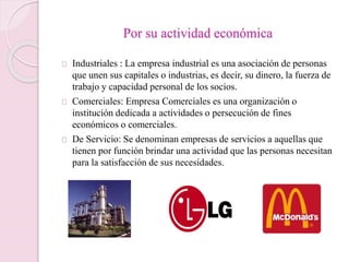 Por su actividad económica 
Industriales : La empresa industrial es una asociación de personas 
que unen sus capitales o industrias, es decir, su dinero, la fuerza de 
trabajo y capacidad personal de los socios. 
Comerciales: Empresa Comerciales es una organización o 
institución dedicada a actividades o persecución de fines 
económicos o comerciales. 
De Servicio: Se denominan empresas de servicios a aquellas que 
tienen por función brindar una actividad que las personas necesitan 
para la satisfacción de sus necesidades. 
 