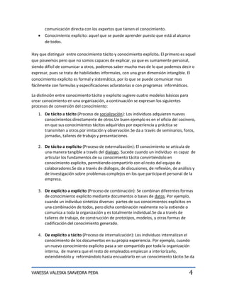 comunicación directa con los expertos que tienen el conocimiento.
       Conocimiento explícito: aquel que se puede aprender puesto que está al alcance
       de todos.

Hay que distinguir entre conocimiento tácito y conocimiento explícito. El primero es aquel
que poseemos pero que no somos capaces de explicar, ya que es sumamente personal,
siendo difícil de comunicar a otros, podemos saber mucho mas de lo que podemos decir o
expresar, pues se trata de habilidades informales, con una gran dimensión intangible. El
conocimiento explicito es formal y sistemático, por lo que se puede comunicar mas
fácilmente con formulas y especificaciones aclaratorias o con programas informáticos.

La distinción entre conocimiento tácito y explicito sugiere cuatro modelos básicos para
crear conocimiento en una organización, a continuación se expresan los siguientes
procesos de conversión del conocimiento:
   1. De tácito a tácito (Proceso de socialización): Los individuos adquieren nuevos
      conocimientos directamente de otros.Un buen ejemplo es en el oficio del cocinero,
      en que sus conocimientos tácitos adquiridos por experiencia y práctica se
      transmiten a otros por imitación y observación.Se da a través de seminarios, foros,
      jornadas, talleres de trabajo y presentaciones.

   2. De tácito a explícito (Proceso de externalización): El conocimiento se articula de
      una manera tangible a través del dialogo. Sucede cuando un individuo es capaz de
      articular los fundamentos de su conocimiento tácito convirtiéndolo en
      conocimiento explicito, permitiendo compartirlo con el resto del equipo de
      colaboradores.Se da a través de diálogos, de discusiones, de reflexión, de análisis y
      de investigación sobre problemas complejos en los que participa el personal de la
      empresa.

   3. De explícito a explícito (Proceso de combinación): Se combinan diferentes formas
      de conocimiento explícito mediante documentos o bases de datos. Por ejemplo,
      cuando un individuo sintetiza diversos partes de sus conocimientos explícitos en
      una combinación de todos, pero dicha combinación realmente no la extiende o
      comunica a toda la organización y es totalmente individual.Se da a través de
      talleres de trabajo, de construcción de prototipos, modelos, y otras formas de
      codificación del conocimiento generado.

   4. De explícito a tácito (Proceso de internalización): Los individuos internalizan el
      conocimiento de los documentos en su propia experiencia. Por ejemplo, cuando
      un nuevo conocimiento explicito pasa a ser compartido por toda la organización
      interna, de manera que el resto de empleados empiezan a interiorizarlo,
      extendiéndolo y reformándolo hasta encuadrarlo en un conocimiento tácito.Se da


VANESSA VALESKA SAAVEDRA PEÐA                                                             4
 