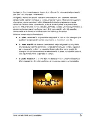 inteligencia. Conocimiento es una síntesis de la información, mientras inteligencia es lo
que hace falta para crear conocimiento.
Inteligencia implica que existen las habilidades necesarias para aprender, transferir
conocimiento, razonar, ver lo que es posible, encontrar nuevas interpretaciones, generar
alternativas y tomar decisiones sabias. Al expandir la inteligencia se genera capital
intelectual creando nuevo conocimiento, o sea la “materia prima” que permite a las
personas innovar creando nuevos productos, servicios, procesos y métodos gerenciales. El
conocimiento se crea y se transfiere a través de la conversación, y los líderes deben
dominar el arte de fomentar el diálogo entre los miembros del equipo.
El Capital Intelectual está formado por:
       El Capital Estructural:es propiedad de la empresa, es todo el valor intangible que
       queda en la organización cuando sus personas la abandonan cada día.

       El Capital Humano: Se refiere al conocimiento (explícito y/o tácito) útil para la
       empresa que poseen las personas y equipos de la misma, así como su capacidad
       para regenerarlo; es decir, su capacidad de aprender. Una forma sencilla de
       distinguir el Capital Humano es que la empresa no lo posee, no lo puede comprar,
       sólo alquilarlo durante un periodo de tiempo.

       El Capital Relacional: Es el valor de la red de relaciones de una empresa con sus
       diferentes agentes del entorno:clientes, proveedores, asesores, universidades.




VANESSA VALESKA SAAVEDRA PEÐA                                                               6
 