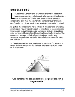 CONCLUSION



L
      a Gestión del Conocimiento es una nueva forma de trabajar en
      las empresas que van evolucionando y las que van dejando atrás
      a las empresas tradicionales, y en donde nosotros y nuestro
conocimiento es lo más importante.Cabe mencionar que también la
gestión del conocimiento puede traer beneficios en lo social y cultural.

La gestión del conocimiento no es solo stock del saber sino también su
amplificación y su divulgación social. Lo importante es tener empresas
innovadoras, porque bien se puede comprar un software se puede no
estar comprometido con el cambio que implica su implementación. Una
empresa es como un elefante al que todos tocan con los ojos
vendados, todos piensan que todos tocan al elefante, pero sólo tocan
una parte de él.

 El conocimiento es humano, necesita de la comunicación. Resulta de
la aplicación de la experiencia y requiere un proceso de acumulación
de la información.




 ‘‘Las personas no son un recurso, las personas son la
                    Organización’’



VANESSA VALESKA SAAVEDRA PEÐA                                       14
 