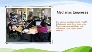 Medianas Empresas
Son aquellas que poseen entre 50 y 250
trabajadores, suelen tener áreas cuyas
funciones y responsabilidades están
delimitadas, comúnmente, tienen
sindicato.
 