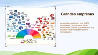Grandes empresas
son aquellas que tienen más de 250
trabajadores, generalmente tienen
instalaciones propias, sus ventas son muy
elevadas y sus trabajadores están
sindicalizados.
 