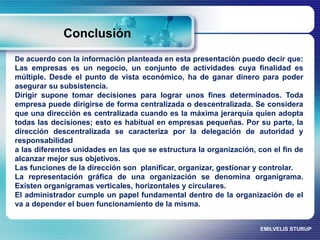 Conclusión 
De acuerdo con la información planteada en esta presentación puedo decir que: 
Las empresas es un negocio, un conjunto de actividades cuya finalidad es 
múltiple. Desde el punto de vista económico, ha de ganar dinero para poder 
asegurar su subsistencia. 
Dirigir supone tomar decisiones para lograr unos fines determinados. Toda 
empresa puede dirigirse de forma centralizada o descentralizada. Se considera 
que una dirección es centralizada cuando es la máxima jerarquía quien adopta 
todas las decisiones; esto es habitual en empresas pequeñas. Por su parte, la 
dirección descentralizada se caracteriza por la delegación de autoridad y 
responsabilidad 
a las diferentes unidades en las que se estructura la organización, con el fin de 
alcanzar mejor sus objetivos. 
Las funciones de la dirección son planificar, organizar, gestionar y controlar. 
La representación gráfica de una organización se denomina organigrama. 
Existen organigramas verticales, horizontales y circulares. 
El administrador cumple un papel fundamental dentro de la organización de el 
va a depender el buen funcionamiento de la misma. 
EMILVELIS STURUP 
 