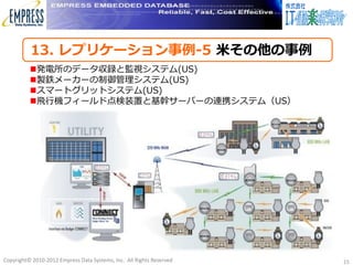 13. レプリケーション事例-5 米その他の事例
          発電所のデータ収録と監視システム(US)
          製鉄メーカーの制御管理システム(US)
          スマートグリットシステム(US)
          飛行機フィールド点検装置と基幹サーバーの連携システム（US）




Copyright© 2010-2012 Empress Data Systems, Inc. All Rights Reserved   15
 