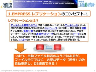 1.EMPRESS レプリケーションのコンセプト-1
          レプリケーションとは？
             データベース管理システムが持つ機能の一つで、あるデータベースとまった
             く同じ内容の複製(レプリカ)を別のコンピュータ上に作成し、常に内容を同期
             させる機能。負荷分散や耐障害性の向上などを目的に行われる。マスター
             データベースとレプリカは通信ネットワークなどを通じて互いにデータを交換
             しあい、常に内容が一致するようにできているため、一ヶ所でデータを更新
             すると、マスターとすべてのレプリカに自動的に更新内容が伝播する。




                   つまり、自動ファイル転送のようではあるが、
                   ファイル全てでなく、必要なデータ（差分）のみ
                   自動更新し、DB連携できる！

Copyright© 2010-2012 Empress Data Systems, Inc. All Rights Reserved   3
 