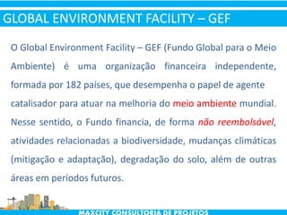 O Global Environment Facility – GEF (Fundo Global para o Meio
Ambiente) é uma organização financeira independente,
formada por 182 países, que desempenha o papel de agente
catalisador para atuar na melhoria do meio ambiente mundial.
Nesse sentido, o Fundo financia, de forma não reembolsável,
atividades relacionadas a biodiversidade, mudanças climáticas
(mitigação e adaptação), degradação do solo, além de outras
áreas em períodos futuros.
GLOBAL ENVIRONMENT FACILITY – GEF
 