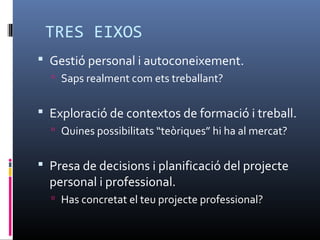 TRES EIXOS
 Gestió personal i autoconeixement.
   Saps realment com ets treballant?


 Exploració de contextos de formació i treball.
   Quines possibilitats “teòriques” hi ha al mercat?


 Presa de decisions i planificació del projecte
  personal i professional.
   Has concretat el teu projecte professional?
 