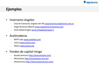 Ejemplos
• Inversores ángeles
- Club de inversores ángeles del IAE www.businessangelsclub.com.ar
- Angel Ventures México www.angelventuresmexico.com
- Chile Global Angels www.chileglobalangels.cl
• Aceleradoras
- NXTP Labs www.nxtplabs.com
- 21212 www.21212.com
- Wayra www.wayra.org
• Fondos de capital riesgo
- Kaszek Ventures http://www.kaszek.com/
- Monashees http://monashees.com.br/
- Altaventures http://www.altaventures.com/
 