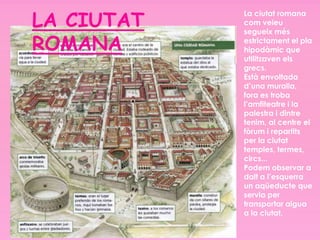 LA CIUTAT
            La ciutat romana
            com veieu
            segueix més

ROMANA      estrictament el pla
            hipodàmic que
            utilitzaven els
            grecs.
            Està envoltada
            d’una muralla,
            fora es troba
            l’amfiteatre i la
            palestra i dintre
            tenim, al centre el
            fòrum i repartits
            per la ciutat
            temples, termes,
            circs...
            Podem observar a
            dalt a l’esquerra
            un aqüeducte que
            servia per
            transportar aigua
            a la ciutat.
 