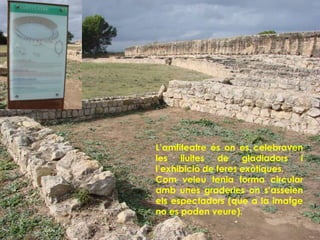 L’amfiteatre és on es celebraven
les lluites de gladiadors i
l’exhibició de feres exòtiques.
Com veieu tenia forma circular
amb unes graderies on s’asseien
els espectadors (que a la imatge
no es poden veure).
 