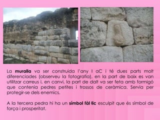 La muralla va ser construida l’any I aC i té dues parts molt
diferenciades (observeu la fotografia), en la part de baix es van
utilitzar carreus i, en canvi, la part de dalt va ser feta amb formigó
que contenia pedres petites i trossos de ceràmica. Servia per
protegir-se dels enemics.

A la tercera pedra hi ha un símbol fàl·lic esculpit que és símbol de
força i prosperitat.
 