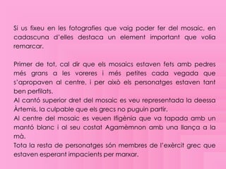 Si us fixeu en les fotografies que vaig poder fer del mosaic, en
cadascuna d’elles destaca un element important que volia
remarcar.

Primer de tot, cal dir que els mosaics estaven fets amb pedres
més grans a les voreres i més petites cada vegada que
s’apropaven al centre, i per això els personatges estaven tant
ben perfilats.
Al cantó superior dret del mosaic es veu representada la deessa
Àrtemis, la culpable que els grecs no puguin partir.
Al centre del mosaic es veuen Ifigènia que va tapada amb un
mantó blanc i al seu costat Agamèmnon amb una llança a la
mà.
Tota la resta de personatges són membres de l’exèrcit grec que
estaven esperant impacients per marxar.
 