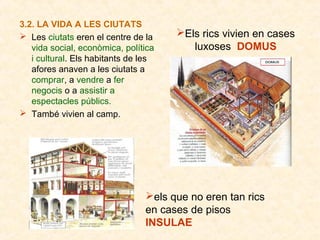 Els rics vivien en cases
luxoses DOMUS
3.2. LA VIDA A LES CIUTATS
 Les ciutats eren el centre de la
vida social, econòmica, política
i cultural. Els habitants de les
afores anaven a les ciutats a
comprar, a vendre a fer
negocis o a assistir a
espectacles públics.
 També vivien al camp.
els que no eren tan rics
en cases de pisos
INSULAE
 