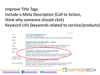 Improve Title Tags
  Include a Meta Description (Call to Action,
  think why someone should click)
  Keyword Urls (keywords related to service/products)




Emprisemedia.com   emprisemedia   @emprisemedia
 