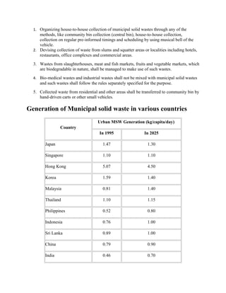 1. Organizing house-to-house collection of municipal solid wastes through any of the
methods, like community bin collection (central bin), house-to-house collection,
collection on regular pre-informed timings and scheduling by using musical bell of the
vehicle.
2. Devising collection of waste from slums and squatter areas or localities including hotels,
restaurants, office complexes and commercial areas.
3. Wastes from slaughterhouses, meat and fish markets, fruits and vegetable markets, which
are biodegradable in nature, shall be managed to make use of such wastes.
4. Bio-medical wastes and industrial wastes shall not be mixed with municipal solid wastes
and such wastes shall follow the rules separately specified for the purpose.
5. Collected waste from residential and other areas shall be transferred to community bin by
hand-driven carts or other small vehicles.
Generation of Municipal solid waste in various countries
Country
Urban MSW Generation (kg/capita/day)
In 1995 In 2025
Japan 1.47 1.30
Singapore 1.10 1.10
Hong Kong 5.07 4.50
Korea 1.59 1.40
Malaysia 0.81 1.40
Thailand 1.10 1.15
Philippines 0.52 0.80
Indonesia 0.76 1.00
Sri Lanka 0.89 1.00
China 0.79 0.90
India 0.46 0.70
 