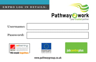 EMPRO LOG IN DETAILS:




  Username:

  Passw ord:




               www.pathwaygroup.co.uk
 