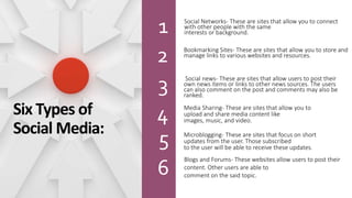 Social Networks- These are sites that allow you to connect
with other people with the same
interests or background.
Bookmarking Sites- These are sites that allow you to store and
manage links to various websites and resources.
Social news- These are sites that allow users to post their
own news items or links to other news sources. The users
can also comment on the post and comments may also be
ranked.
Media Sharing- These are sites that allow you to
upload and share media content like
images, music, and video.
Microblogging- These are sites that focus on short
updates from the user. Those subscribed
to the user will be able to receive these updates.
1
2
3
4
6
Six Types of
Social Media:
5
Blogs and Forums- These websites allow users to post their
content. Other users are able to
comment on the said topic.
 