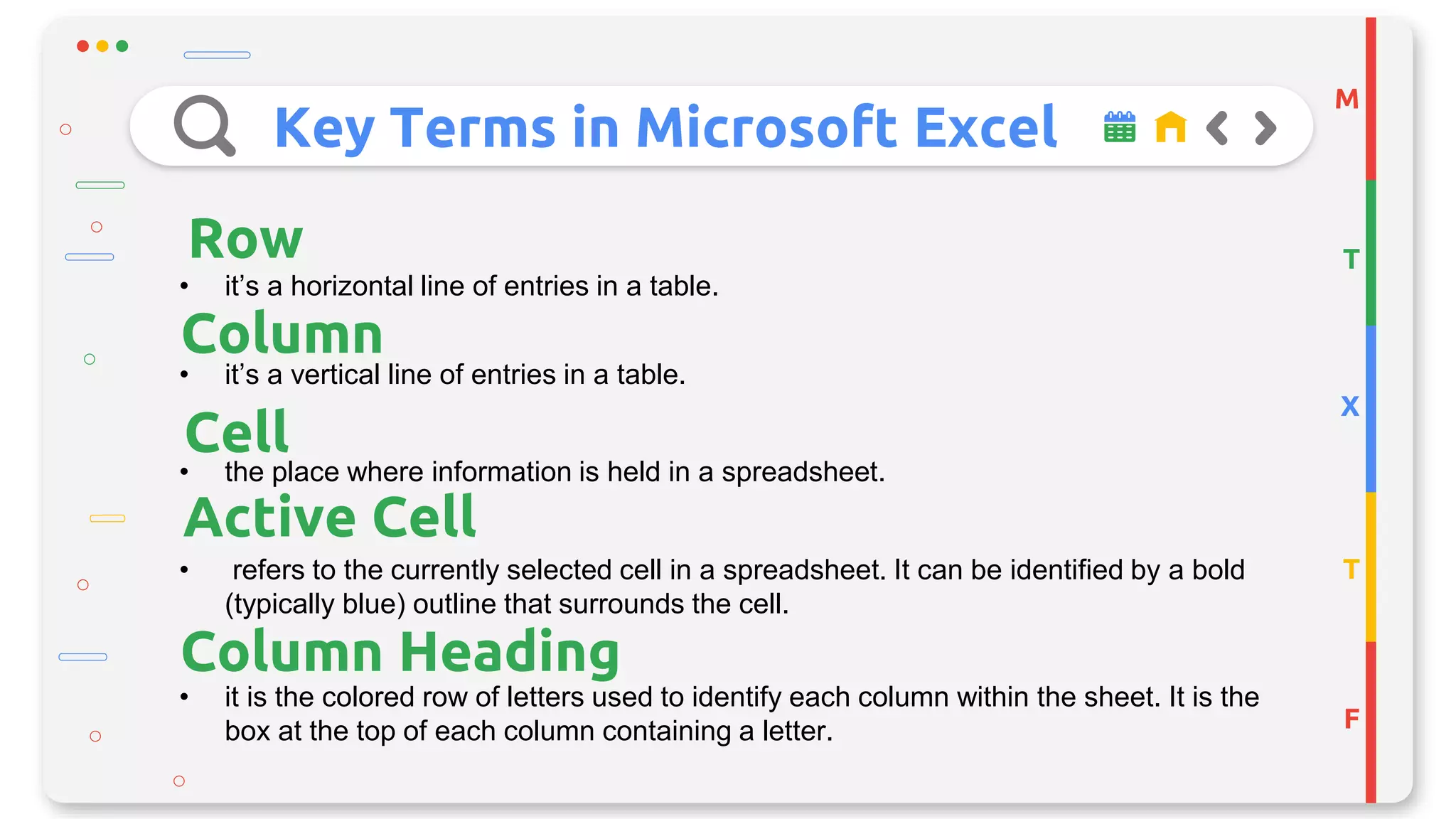 Key Terms in Microsoft Excel
M
T
X
T
F
Row
• it’s a horizontal line of entries in a table.
Active Cell
Cell
Column
• it’s a vertical line of entries in a table.
• the place where information is held in a spreadsheet.
• refers to the currently selected cell in a spreadsheet. It can be identified by a bold
(typically blue) outline that surrounds the cell.
Column Heading
• it is the colored row of letters used to identify each column within the sheet. It is the
box at the top of each column containing a letter.
 