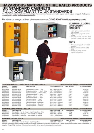 For advice on storage cabinets please contact us on 01506 430309/advice@empteezy.co.uk
110
HAZARDOUS MATERIAL & FIRE RATED PRODUCTS
UK STANDARD CABINETS
FULLY COMPLIANT TO UK STANDARDSThe safety of staff and protecting the fabric of a building is of paramount importance to everyone, this range of cabinets help you comply with The Dangerous
Substances and Explosive Atmospheres Regulations 2002.
FLAMMABLE LIQUID
AND COSHH
CABINETS
— Liquid tight sumps ensure spills are
fully contained
— Adjustable shelves provide flexible
storage
— Manufactured from 1mm thick sheet
steel with a powder-coat paint finish.
NOTE
— All models comply with current UK
legislation
— Warning signage conforms to BS
5378
— Storage bin models are not
supplied with padlocks
Flammable COSHH
HSC18/18 COSHH18/18 Single door – 1 shelf – 1 tray 457 x 305 x 457mm 13kg £152.00
HSC24/18 COSHH/24/18 Single door cabinet – 1 shelf – 1 tray 457 x 457 x 609mm 19kg £167.00
HSC24/36 COSHH24/36 Twin door cabinet – 1 shelf – 1 tray 915 x 457 x 609mm 31kg £235.00
HSC30/18 COSHH30/18 Single door cabinet – 1 shelf 460 x 460 x 760mm 22kg £179.00
HSC36/18 COSHH36/18 Single door cabinet – 1 shelf 460 x 460 x 915mm 25kg £187.00
HSC24/24 COSHH24/24 Single door cabinet – 1 shelf 610 x 305 x 610mm 19kg £204.00
HSC28/36 COSHH28/36 Twin door cabinet – 1 shelf 915 x 460 x 710mm 33kg £252.00
HSC36/36 COSHH36/36 Twin door cabinet – 1 shelf 915 x 460 x 915mm 36kg £272.00
HSC48/36 COSHH48/36 Twin door cabinet – 2 shelves 915 x 460 x 1220mm 53kg £345.00
HSC60/36 COSHH60/36 Twin door cabinet – 2 shelves 915 x 460 x 1525mm 60kg £378.00
HSC72/36 COSHH72/36 Twin door cabinet – 3 shelves 915 x 460 x 1830mm 72kg £397.00
MODEL MODEL DESCRIPTION EXTERNAL L x W x H TARE WEIGHT DELIVERED PRICE
HSFB20/24 Storage Bin – flat lid – hasp & staple for padlock – 1 tray 609 x 330 x 508mm 18kg £157.00
HSB26/24 Storage Bin – sloping lid – hasp & staple for padlock 610 x 330 x 660mm 20kg £251.00
HSB30/46 Storage Bin – sloping lid – hasp & staple for padlock 1170 x 460 x 760mm 43kg £353.00
MODEL DESCRIPTION EXTERNAL L x W x H TARE WEIGHT
FLAMMABLE LIQUID BINS – YELLOW
DELIVERED PRICE
FS36/24 Storage Bin – flat lid – hasp & staple for padlock 914 x 635 x 686mm 54kg £442.00
Optional 455mm high stand available for each size of cabinet (except HSC72/36 and COSHH72/36) – please quote product code to ensure correct stand is
supplied. Weight 10kg. Additional shelves can be ordered for all the cabinets, please quote product code.
MODEL DESCRIPTION EXTERNAL L x W x H TARE WEIGHT
FLAMMABLE STORE – RED
DELIVERED PRICE
COSHH24/36
HSC72/36
COSHH30/18
FS36/24
YELLOW FLAMMABLE LIQUID & GREY COSHH CABINETS All our prices include delivery to a mainland UK address
All our prices include delivery to a mainland UK address
All our prices include delivery to a mainland UK address
 