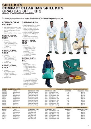 29
SPILL KITS
COMPACT CLEAR BAG SPILL KITS
GRAB BAG SPILL KITSMaintenance, Oil Selective and Chemical formats available.
To order please contact us on 01506 430309 ⁄ www.empteezy.co.uk
COMPACT CLEAR
BAG KITS
— Ideal for labs/test facilities or any
area where space is at a premium
— Stow one away in your car, van
or truck
— Economical, fast and easy to use.
CBGP1, CBO1,
CBC1
— Contents:
20 pads 30cm x 30cm,
1 thick pad 30cm x 30cm,
5 wipes, 1 disposal bag,
1 x gloves
— Absorbs: 11ltr.
CBGP2, CB02,
CBC2
— Contents:
32 pads 30cm x 30cm,
1 sock 7cm x 1.2m,
5 wipes, 2 disposal bags,
1 x gloves
— Absorbs: 20ltr.
CBGP3, CB03,
CBC3
— Contents:
35 pads 40cm x 50cm,
3 socks 7cm x 1.2m,
10 wipes, 2 disposal bags,
1 x gloves
— Absorbs 50ltr.
GRAB BAG KITS
— Ideal for areas where it’s easier
to carry the kit than wheel it
— Keep one in your vehicle to
comply with many companies
access to site policies
— Comes complete with sealing
putty and basic PPE (gloves &
goggles)
— Spill Kit refills are available,
please contact us for details.
TSGP1, TSO1,
TSC1
— Contents:
25 pads 40cm x 50cm
3 socks 7.5cm x 1.2m,
1 x 500g tub plugging
compound,
2 disposal bags/ties,
1 x gloves, 1 x goggles
— Absorbs: 27ltr.
SKGP1, SKO1,
SKC1
— Contents:
50 pads 40cm x 50cm,
4 socks 7.5cm x 1.2m,
1 cushion 40cm x 40cm,
1 x 500g tub plugging
compound,
2 disposal bags/ties,
1 x gloves, 1 x goggles.
— Absorbs: 53ltr.
It is the user’s responsibility
to check the compatibility
of the gloves and goggles
supplied in each kit against
the liquid spilled prior
to use.
CBGP1 Maintenance Clear bag with zip 320 x 320 x 80mm high 11ltr £24.00
CBGP2 Maintenance Clear bag with zip 320 x 320 x 160mm high 20ltr £40.00
CBGP3 Maintenance Clear bag with zip 600 x 400 x 200mm high 50ltr £75.00
CBO1 Oil Selective Clear bag with zip 320 x 320 x 80mm high 11ltr £25.00
CBO2 Oil Selective Clear bag with zip 320 x 320 x 160mm high 20ltr £42.00
CBO3 Oil Selective Clear bag with zip 600 x 400 x 200mm high 50ltr £58.00
CBC1 Chemical Clear bag with zip 320 x 320 x 80mm high 11ltr £27.00
CBC2 Chemical Clear bag with zip 320 x 320 x 160mm high 20ltr £50.00
CBC3 Chemical Clear bag with zip 600 x 400 x 200 mm high 50ltr £83.00
TYPEMODEL
CLEAR BAGS SPILL KITS
DELIVERED PRICEABSORBSCONTAINER SIZECONTAINER TYPE
TYPEMODEL DELIVERED PRICEABSORBSCONTAINER SIZECONTAINER TYPE
CB01 CBGP2
CBC3
TSGP1 Maintenance PVC grab bag 590 x 150 x 500mm high 27ltr £66.00
TSO1 Oil Selective PVC grab bag 590 x 150 x 500mm high 27ltr £65.00
TSC1 Chemical PVC grab bag 590 x 150 x 500mm high 27ltr £73.00
SKGP1 Maintenance PVC grab bag 590 x 250 x 500mm high 53ltr £86.00
SKO1 Oil Selective PVC grab bag 590 x 250 x 500mm high 53ltr £82.00
SKC1 Chemical PVC grab bag 590 x 250 x 500mm high 53ltr £89.00
GRAB BAGS SPILL KITS
SKGP1TSO1
All our prices include delivery to a mainland UK address
All our prices include delivery to a mainland UK address
 