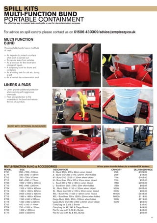 SPILL KITS
MULTI-FUNCTION BUND
PORTABLE CONTAINMENTThe effective way to contain leaks and spills or use for decontamination purposes
For advice on spill control please contact us on 01506 430309/advice@empteezy.co.uk
47
MULTI FUNCTION
BUND
These portable bunds have a multitude
of uses:
— As tarpaulin to protect a surface
while work is carried out
− To capture leaks from vehicles
− As a reservoir for the short-term
storage of liquids
− A temporary bund for drums and
containers
− As a holding tank for oils etc. during
a spill
− As a hazmat de-contamination pool.
LINERS & PADS
− Liners provide additional protection
when working with aggressive
chemicals
− Pads give protection to the
underside of the bund and reduce
the risk of puncture.
ET01 350 x 700 x 125mm S - Bund 350 x 470 x 40mm when folded 25ltr £109.00
ET11 340 x 690 x 125mm S - Bund liner 350 x 470 x 20mm when folded 25ltr £46.00
ET02 700 x 700 x 175mm M - Bund 250 x 525 x 120mm when folded 75ltr £169.00
ET12 690 x 690 x 175mm M - Bund liner 250 x 525 x 20mm when folded 75ltr £55.00
ET03 1000 x 1000 x 200mm L - Bund 350 x 700 x 120mm when folded 175ltr £209.00
ET13 990 x 990 x 200mm L - Bund liner 350 x 700 x 20m when folded 175ltr £65.00
ET04 1500 x 1500 x 425mm XL - Bund 500 x 1150 x 120mm when folded 900ltr £409.00
ET14 1490 x 1490 x 425mm XL - Bund liner 500 x 1150 x 20mm when folded 900ltr £99.00
ET05 2000 x 2000 x 425mm XXL - Bund 700 x 1500 x 120mm when folded 1600ltr £549.00
ET15 1990 x 1990 x 425mm XXL - Bund liner 700 x 1500 x 20mm when folded 1600ltr £119.00
ET06 1240 x 840 x 225mm Cargo Bund 280 x 850 x 120mm when folded 200ltr £219.00
ET16 1230 x 830 x 225mm Cargo Bund liner 280 x 850 x 20mm when folded 200ltr £59.00
ET07 400 x 750 x 170mm Carry bag for S,M & L Bunds £36.00
ET08 750 x 1550 x 170mm Carry bag for XL, XXL & Cargo Bunds £49.00
ET09 1300 x 1300mm Pad for use with S, M & L Bunds £49.00
ET10 2200 x 2200mm Pad for use with XL & XXL Bunds £99.00
SIZEMODEL
MUTLI-FUNCTION BUND & ACCESSORIES
DELIVERED PRICE
All our prices include delivery to a mainland UK address
DESCRIPTION CAPACITY
BUND WITH OPTIONAL BUND LINER
 