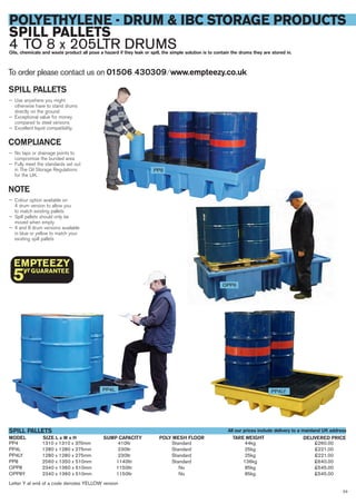 53
PP4 1310 x 1310 x 370mm 410ltr Standard 44kg £260.00
PP4L 1280 x 1280 x 275mm 230ltr Standard 25kg £221.00
PP4LY 1280 x 1280 x 275mm 230ltr Standard 25kg £221.00
PP8 2560 x 1350 x 510mm 1140ltr Standard 136kg £640.00
OPP8 2340 x 1360 x 510mm 1150ltr No 85kg £545.00
OPP8Y 2340 x 1360 x 510mm 1150ltr No 85kg £545.00
Letter Y at end of a code denotes YELLOW version
SIZE L x W x HMODEL
SPILL PALLETS
DELIVERED PRICESUMP CAPACITY POLY MESH FLOOR TARE WEIGHT
SPILL PALLETS
— Use anywhere you might
otherwise have to stand drums
directly on the ground
— Exceptional value for money
compared to steel versions
— Excellent liquid compatibility.
COMPLIANCE
— No taps or drainage points to
compromise the bunded area
— Fully meet the standards set out
in The Oil Storage Regulations
for the UK.
NOTE
— Colour option available on
4 drum version to allow you
to match existing pallets
— Spill pallets should only be
moved when empty
— 4 and 8 drum versions available
in blue or yellow to match your
existing spill pallets
To order please contact us on 01506 430309 ⁄ www.empteezy.co.uk
PP4L PP4LY
POLYETHYLENE - DRUM & IBC STORAGE PRODUCTS
SPILL PALLETS
4 TO 8 x 205LTR DRUMSOils, chemicals and waste product all pose a hazard if they leak or spill, the simple solution is to contain the drums they are stored in.
All our prices include delivery to a mainland UK address
PP8
OPP8
 
