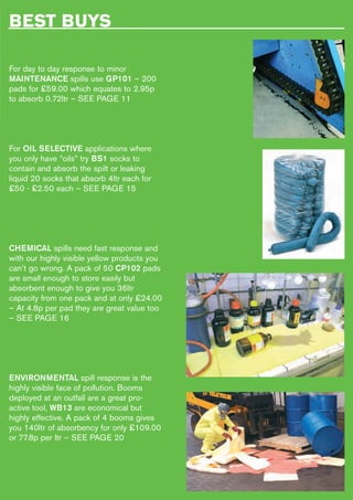 BEST BUYS
For day to day response to minor
MAINTENANCE spills use GP101 – 200
pads for £59.00 which equates to 2.95p
to absorb 0.72ltr – SEE PAGE 11
For OIL SELECTIVE applications where
you only have “oils” try BS1 socks to
contain and absorb the spilt or leaking
liquid 20 socks that absorb 4ltr each for
£50 - £2.50 each – SEE PAGE 15
CHEMICAL spills need fast response and
with our highly visible yellow products you
can’t go wrong. A pack of 50 CP102 pads
are small enough to store easily but
absorbent enough to give you 36ltr
capacity from one pack and at only £24.00
– At 4.8p per pad they are great value too
– SEE PAGE 16
ENVIRONMENTAL spill response is the
highly visible face of pollution. Booms
deployed at an outfall are a great pro-
active tool, WB13 are economical but
highly effective. A pack of 4 booms gives
you 140ltr of absorbency for only £109.00
or 77.8p per ltr – SEE PAGE 20
 