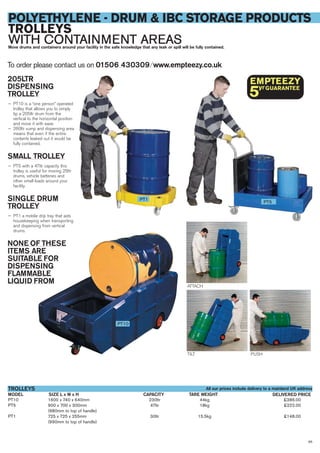 65
POLYETHYLENE - DRUM & IBC STORAGE PRODUCTS
TROLLEYS
WITH CONTAINMENT AREASMove drums and containers around your facility in the safe knowledge that any leak or spill will be fully contained.
205LTR
DISPENSING
TROLLEY
— PT10 is a “one person” operated
trolley that allows you to simply
tip a 205ltr drum from the
vertical to the horizontal position
and move it with ease
— 260ltr sump and dispensing area
means that even if the entire
contents leaked out it would be
fully contained.
SMALL TROLLEY
— PT5 with a 47ltr capacity this
trolley is useful for moving 25ltr
drums, vehicle batteries and
other small loads around your
facility.
SINGLE DRUM
TROLLEY
— PT1 a mobile drip tray that aids
housekeeping when transporting
and dispensing from vertical
drums.
NONE OF THESE
ITEMS ARE
SUITABLE FOR
DISPENSING
FLAMMABLE
LIQUID FROM
To order please contact us on 01506 430309 ⁄ www.empteezy.co.uk
PT10
PT5
PT1
PT10 1600 x 740 x 640mm 230ltr 44kg £386.00
PT5 900 x 700 x 300mm 47ltr 18kg £222.00
(980mm to top of handle)
PT1 725 x 725 x 255mm 30ltr 15.5kg £148.00
(990mm to top of handle)
SIZE L x W x HMODEL
TROLLEYS
DELIVERED PRICETARE WEIGHTCAPACITY
ATTACH
TILT PUSH
All our prices include delivery to a mainland UK address
 