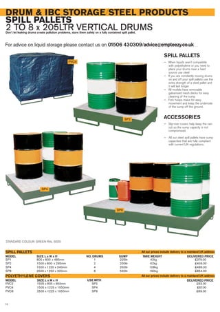 DRUM & IBC STORAGE/STEEL PRODUCTS
SPILL PALLETS
2 TO 8 x 205LTR VERTICAL DRUMSDon’t let leaking drums create pollution problems, store them safely on a fully contained spill pallet.
For advice on liquid storage please contact us on 01506 430309/advice@empteezy.co.uk
72
SP1 800 x 800 x 485mm 1 225ltr 42kg £379.00
SP2 1500 x 800 x 295mm 2 230ltr 62kg £409.00
SP4 1500 x 1220 x 240mm 4 250ltr 108kg £486.00
SP8 2500 x 1250 x 320mm 8 560ltr 190kg £854.00
SIZE L x W x H NO. DRUMS SUMP TARE WEIGHTMODEL
SPILL PALLETS
PVC2 1505 x 805 x 950mm SP2 £63.00
PVC4 1505 x 1225 x 1050mm SP4 £67.00
PVC8 2505 x 1225 x 1050mm SP8 £89.00
SIZE L x W x H USE WITHMODEL
POLYETHYLENE COVERS
PVC4
SP8
SP4
SP2
DELIVERED PRICE
DELIVERED PRICE
SPILL PALLETS
— When liquids aren’t compatible
with polyethylene or you need to
place your drums near a heat
source use steel
— If you are constantly moving drums
on and off your spill pallets use the
extra strength of a steel pallet and
it will last longer
— All models have removable
galvanised mesh decks for easy
cleaning of the sump
— Fork hoops make for easy
movement and keep the underside
of the sump off the ground.
ACCESSORIES
— Slip-over covers help keep the rain
out so the sump capacity is not
compromised.
— All our steel spill pallets have sump
capacities that are fully compliant
with current UK regulations.
STANDARD COLOUR: GREEN RAL 6029
All our prices include delivery to a mainland UK address
All our prices include delivery to a mainland UK address
 