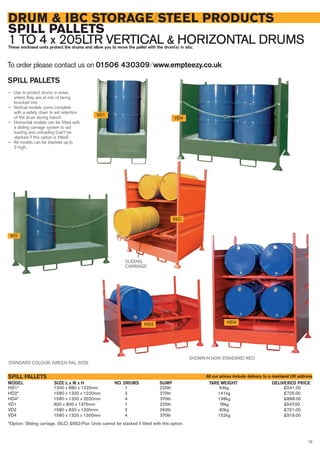 73
DRUM & IBC STORAGE/STEEL PRODUCTS
SPILL PALLETS
1 TO 4 x 205LTR VERTICAL & HORIZONTAL DRUMSThese enclosed units protect the drums and allow you to move the pallet with the drum(s) in situ.
To order please contact us on 01506 430309 ⁄ www.empteezy.co.uk
SPILL PALLETS
— Use to protect drums in areas
where they are at risk of being
knocked into
— Vertical models come complete
with a safety chain to aid retention
of the drum during transit
— Horizontal models can be fitted with
a sliding carriage system to aid
loading and unloading (can’t be
stacked if this option is fitted)
— All models can be stacked up to
3 high.
VD1
VD4
HD1* 1300 x 880 x 1220mm 1 225ltr 64kg £541.00
HD2* 1580 x 1320 x 1220mm 2 270ltr 141kg £725.00
HD4* 1580 x 1320 x 2020mm 4 370ltr 198kg £888.00
VD1 800 x 800 x 1375mm 1 225ltr 76kg £547.00
VD2 1580 x 830 x 1300mm 2 260ltr 90kg £721.00
VD4 1580 x 1320 x 1300mm 4 370ltr 152kg £919.00
*Option: Sliding carriage. (SLC) £652/Pair. Units cannot be stacked if fitted with this option.
SIZE L x W x H DELIVERED PRICENO. DRUMS SUMP TARE WEIGHTMODEL
SPILL PALLETS
SHOWN IN NON STANDARD RED
HD2 HD4
VD2
STANDARD COLOUR: GREEN RAL 6029
SLIDING
CARRIAGE
All our prices include delivery to a mainland UK address
SLC
 