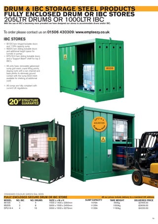 79
DRUM & IBC STORAGE/STEEL PRODUCTS
FULLY ENCLOSED DRUM OR IBC STORES
205LTR DRUMS OR 1000LTR IBCWith the use of IBC’s becoming more prevalent we have designed our stores to accommodate drums and/or IBC.
IB2DS
IBC STORES
— IB1DS twin hinged lockable doors
and 110% capacity sump
— IB2DS twin sliding lockable doors
and additional height space for
funnels or pumps
— DPU16-4 twin sliding lockable doors
and a “Support Beam” shelf for top 2
IBC’s.
— All units have: removable galvanised
sump grid mesh, crane lifting points,
sloping roofs with a rain channel and
base plinths to eliminate ground
contact with the sump (Grid mesh
available for shelving at additional
cost)
— All sumps are fully compliant with
current UK regulations.
To order please contact us on 01506 430309 ⁄ www.empteezy.co.uk
IB1DS 1 4 1500 x 1400 x 2350mm 1470ltr 560kg £2455.00
IB2DS 2 8 3000 x 1500 x 2450mm 1125ltr 1050kg £3639.00
DPU16-4 4 16 3000 x 1500 x 3275mm 1125ltr 1160kg £4220.00
NO. IBCMODEL
FULLY ENCLOSED SECURE DRUM OR IBC STORE
SIZE L x W x H SUMP CAPACITY TARE WEIGHT DELIVERED PRICE
STANDARD COLOUR: GREEN RAL 6029
All our prices include delivery to a mainland UK address
IB1DS
NO. DRUMS
D
PU16-
4
£3,837.00
Ex-
Works Pr
ice
 