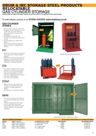89
DRUM & IBC STORAGE/STEEL PRODUCTS
RELOCATABLE
GAS CYLINDER STORAGEEnsuring that your gases are safely, securely and correctly stored is as important as your liquid storage.
CT1 1280 x 780 x 920mm 8 x 285mmØ (Vertical) 100kg £1087.00
CT2 1280 x 780 x 2200mm 8 x 285mmØ 168kg £1383.00
CT2LP 1280 x 780 x 2200mm 6 x 11kg per level 180kg £1550.00
GB30 3000 x 1500 x 2256mm 27 x 285mmØ 550kg £3553.00
SIZE L x W x HMODEL
GAS CYLINDER STORAGE
DELIVERED PRICETARE WEIGHT
GB30
CT2
GAS CYLINDER
STORES
— We can colour code your unit to suit
the gases you are storing, this can be
useful when you have numerous
gases and need to ensure correct
segregation
— All models are fitted with fork
pockets to aid unloading and location
on site
— Our standard finish is Green RAL
6029
— All models are fitted with retaining
straps or chains (not applicable on
CT2LP).
CT1
— Mainly for internal use this unit allows
you to keep up to 8 large cylinders
together
— Fitted with a handy access ramp that
doubles as a security device (can be
padlocked) to deter unauthorised
movement of individual cylinders.
CT2
— For indoor or outdoor use, this unit is
enclosed on three sides and roofed
— Access is via a drop down loading
ramp and hinged steel mesh door
— The unit is “gapped” around the base
and roof to aid ventilation
— Can hold up to 8 cylinders.
CT2LP
— Built to the same specification as
CT2, this unit is fitted with a shelf
suitable for smaller cylinders or
bottles
— Can hold up to 12 cylinders/bottles.
GB30
— This unit can hold up to 27 cylinders
in compartments fitted with securing
chains
— The twin hinged mesh doors allow
you to control who has access
— A detachable steel ramp is included
with this model to aid loading and
unloading.
CYLINDER QTY & SIZE
STANDARD COLOUR: GREEN RAL 6029
CT2LP
To order please contact us on 01506 430309 ⁄ www.empteezy.co.uk
All our prices include delivery to a mainland UK address
SHOWN IN NON STANDARD RED
CT1
 