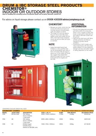 DRUM & IBC STORAGE/STEEL PRODUCTS
CHEMSTOR®
INDOOR OR OUTDOOR STORESIdeal for managing and controlling access to production liquids such as paints, lubricants, solvents etc.
For advice on liquid storage please contact us on 01506 430309/advice@empteezy.co.uk
90
ADDITIONAL
INFORMATION
— All units have galvanised removable
grid decks above the sump area,
which in turn is raised on either fork
hoops or base plinths dependent on
the model to eliminate contact with
the ground
— High and low level vents with flame
arrester protection are fitted as
standard to provide natural
ventilation
— Construction of all 3 models uses
robust steel frames with 2mm steel
panels welded on to give additional
strength and doors are either hinged
or sliding dependent on the model.
CHEMSTOR®
— Manage your stock, control who has
access and still ensure liquids are
correctly stored to minimise leaks,
spills and pollution incidents
— This range of 3 units are ideal as
they are robust, have fully seam
welded sumps that comply with the
25% of the total of the containers
stored rule and are fitted with locks
as standard.
NOTE
— Highly flammable liquids have
limitations on the quantities that
can be stored/placed upon them in
terms of location. We are happy to
advise you on this matter but would
also suggest that independent
advice be sought from your insurer,
local authority fire brigade and
the HSE.
CS3 80+5ltr shelf Twin sliding 3000 x 1500 x 2450mm 1125ltr 1048kg £4044.00
doors 3 shelves
+ grid mesh
CS4 48 Twin sliding 2500 x 800 x 2350mm 450ltr 600kg £2016.00
doors 2 shelves
+ grid mesh
CS5 20 Double hinged 1500 x 750 x 1550mm 260ltr 240kg £1190.00
lockable doors
shelves for 5ltr/25ltr cans
25LTR CANS DESCRIPTIONMODEL
CHEMSTOR® STORES
DELIVERED PRICESIZE L x W x H SUMP TARE WEIGHT
CS3
CS4
CS5
STANDARD COLOUR: GREEN RAL 6029
All our prices include delivery to a mainland UK address
 