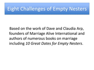 Eight Challenges of Empty Nesters


Based on the work of Dave and Claudia Arp,
founders of Marriage Alive International and
authors of numerous books on marriage
including 10 Great Dates for Empty Nesters.
 