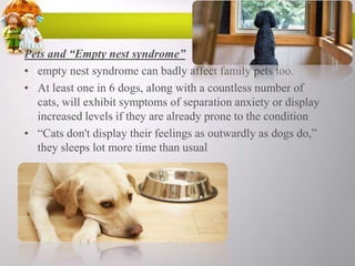 Pets and “Empty nest syndrome”
• empty nest syndrome can badly affect family pets too.
• At least one in 6 dogs, along with a countless number of
cats, will exhibit symptoms of separation anxiety or display
increased levels if they are already prone to the condition
• “Cats don't display their feelings as outwardly as dogs do,”
they sleeps lot more time than usual

 