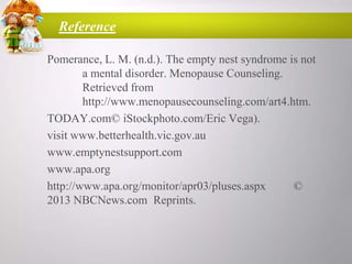 Reference
Pomerance, L. M. (n.d.). The empty nest syndrome is not
a mental disorder. Menopause Counseling.
Retrieved from
http://www.menopausecounseling.com/art4.htm.
TODAY.com© iStockphoto.com/Eric Vega).
visit www.betterhealth.vic.gov.au
www.emptynestsupport.com
www.apa.org
http://www.apa.org/monitor/apr03/pluses.aspx
©
2013 NBCNews.com Reprints.

 