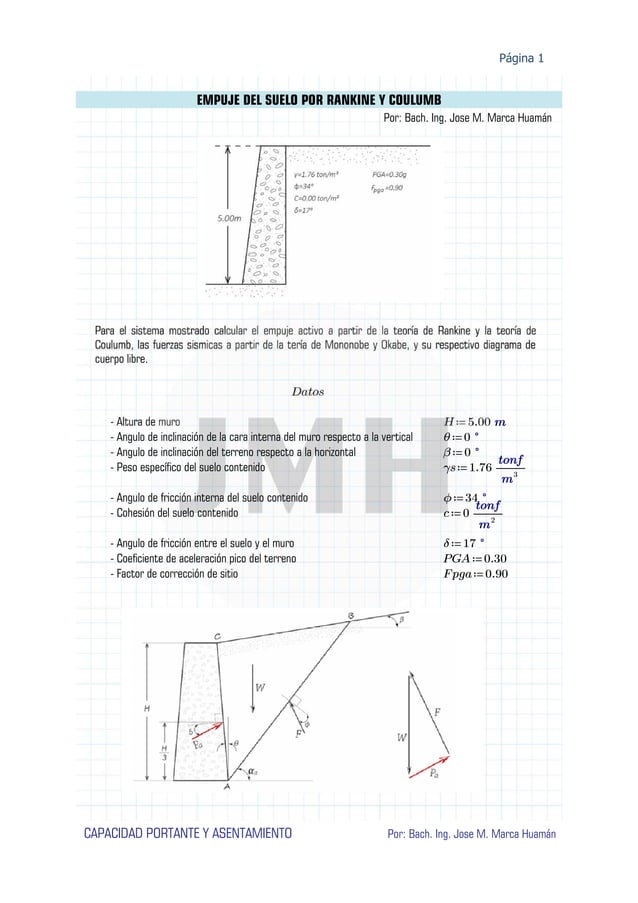 Empuje de suelos según Rankine, Coulomb y efecto sísmico de acuerdo a