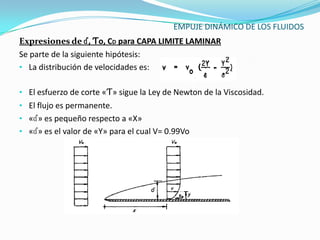 EMPUJE DINÁMICO DE LOS FLUIDOS
Expresiones de ɗ, Ƭo, CD para CAPA LIMITE LAMINAR
Se parte de la siguiente hipótesis:
• La distribución de velocidades es:

• El esfuerzo de corte «Ƭ» sigue la Ley de Newton de la Viscosidad.
• El flujo es permanente.
• «ɗ» es pequeño respecto a «X»
• «ɗ» es el valor de «Y» para el cual V= 0.99Vo
 