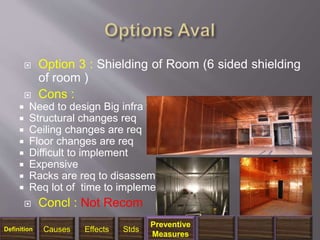  Option 3 : Shielding of Room (6 sided shielding
of room )
 Cons :
 Need to design Big infra for shielding
 Structural changes req
 Ceiling changes are req
 Floor changes are req
 Difficult to implement
 Expensive
 Racks are req to disassemble
 Req lot of time to implement
 Concl : Not Recom
1/14/2018 35
Definition Causes Effects Stds
Preventive
Measures
 