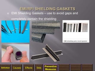  EMI Shielding Gaskets – use to avoid gaps and
completely contain the shielding
1/14/2018 41
Definition Causes Effects Stds
Preventive
Measures
 