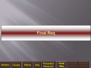 1/14/2018 44
Final Req
Definition Causes Effects Stds
Preventive
Measures
Final
Req
 