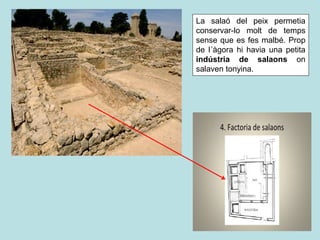 La salaó del peix permetia
conservar-lo molt de temps
sense que es fes malbé. Prop
de l´àgora hi havia una petita
indústria de salaons on
salaven tonyina.
 