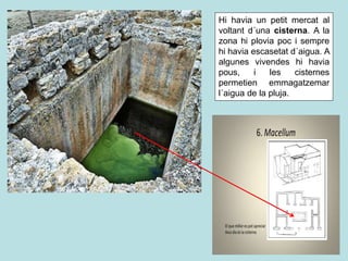 Hi havia un petit mercat al
voltant d´una cisterna. A la
zona hi plovia poc i sempre
hi havia escasetat d´aigua. A
algunes vivendes hi havia
pous, i les cisternes
permetien emmagatzemar
l´aigua de la pluja.
 