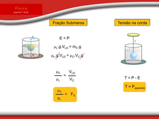 Fração Submersa Tensão na corda
E = P
mL.g.VLD = mC.g
mL.g.VLD = mC.VC.g
mL
mC
=
VC
VLD
mL
mC
= FS
T = P - E
T = Paparente
F í s i c a
Jaqueline T. Krebs
 
