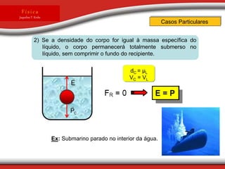Casos Particulares
F í s i c a
Jaqueline T. Krebs
dC = μL
VC = VL
2) Se a densidade do corpo for igual à massa específica do
líquido, o corpo permanecerá totalmente submerso no
líquido, sem comprimir o fundo do recipiente.
E

C
P

Ex: Submarino parado no interior da água.
 