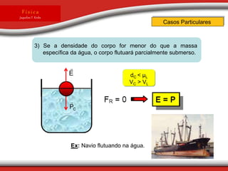 Casos Particulares
F í s i c a
Jaqueline T. Krebs
dC < μL
VC > VL
3) Se a densidade do corpo for menor do que a massa
específica da água, o corpo flutuará parcialmente submerso.
E

C
P

Ex: Navio flutuando na água.
 