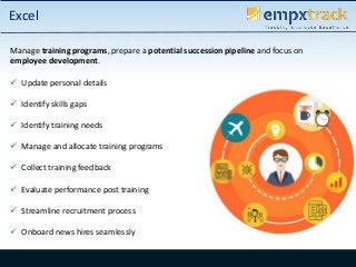 Excel
Manage training programs, prepare a potential succession pipeline and focus on
employee development.
 Update personal details
 Identify skills gaps
 Identify training needs
 Manage and allocate training programs
 Collect training feedback
 Evaluate performance post training
 Streamline recruitment process
 Onboard news hires seamlessly
 