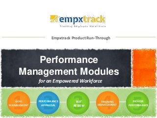 Empxtrack Product Run-Through
Performance
Management Modules
for an Empowered Workforce
GOAL
MANAGEMENT
PERFORMANCE
APPRAISAL
360O
REVIEW
TRAINING
MANAGEMENT
PAY FOR
PERFORMANCE
 