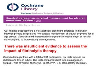 Our findings suggest there is no statistically significant difference in mortality
between primary surgical and non-surgical management of pleural empyema for all
age groups. Video-assisted thoracoscopic surgery may reduce length of hospital
stay compared to thoracostomy drainage alone.
There was insufficient evidence to assess the
impact of fibrinolytic therapy.
We included eight trials with a total of 391 participants. Six trials focused on
children and two on adults. The trials compared chest tube drainage (non-
surgical), with or without fibrinolysis, to either VATS or thoracotomy (surgical).
2017
 